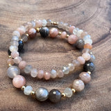 You Light Up the World: Sunstone, Peach and Rainbow Moonstone Bracelet Set
