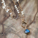 Trillion cut Labradorite gold necklace with a vibrant, shimmering gemstone pendant.