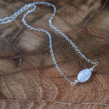 Moonstone Necklace, delicately laid out, showcasing its smooth, luminous shine, known for its association with fertility and emotional balance.
