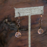 Beautiful morganite healing crystal earrings displayed on a wooden table, showcasing their soft pink hue and delicate design.