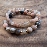 You Light Up the World: Sunstone, Peach and Rainbow Moonstone Bracelet Set