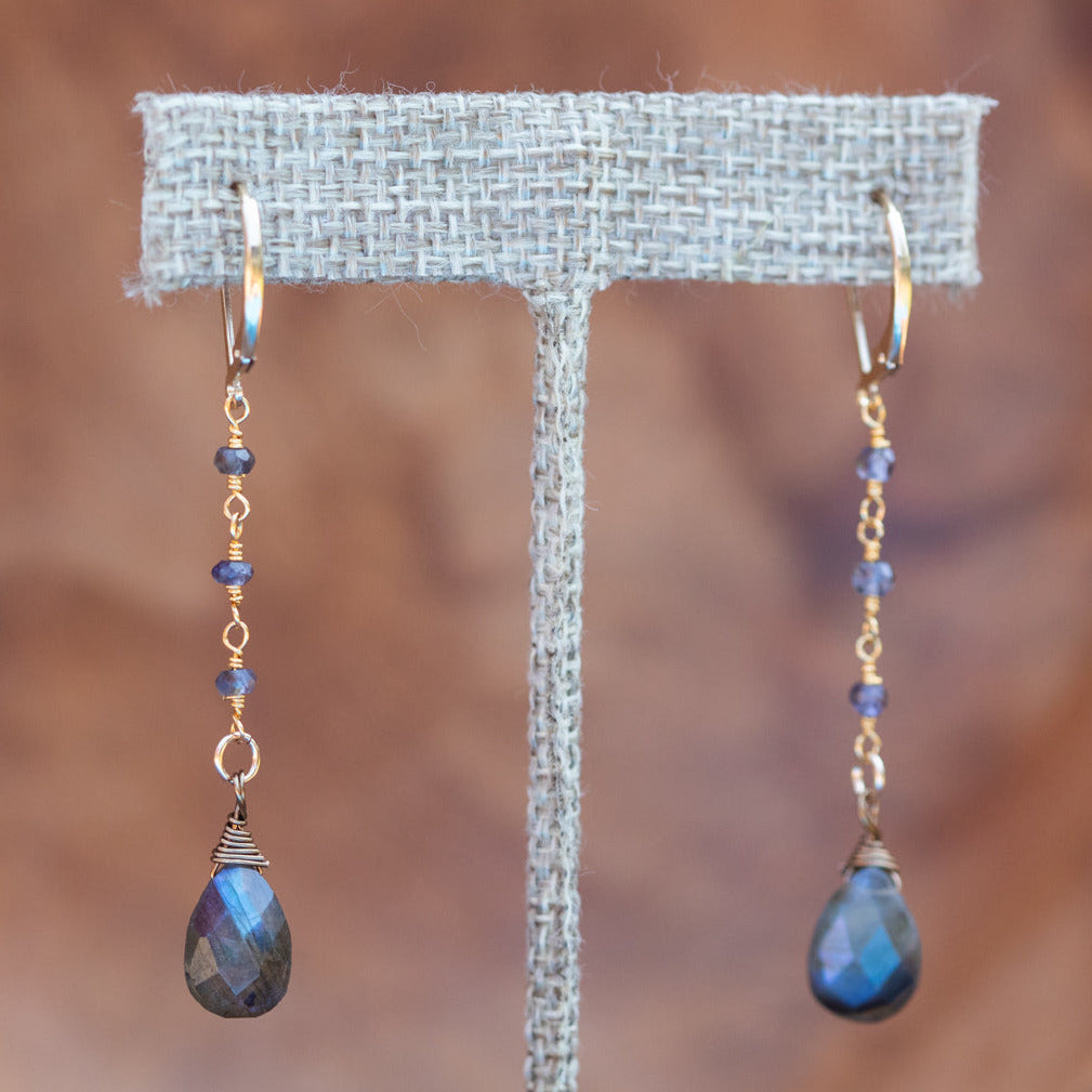 Iolite Gemstone Briolette Earrings Sterling Silver Wire Wrapped Jewelry