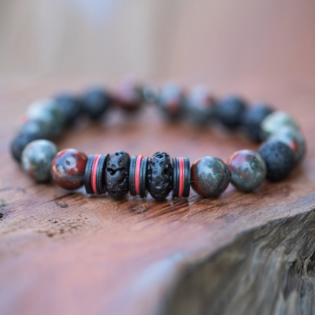 The Fire Within: Bloodstone and Black Lava Rock Men's Beaded