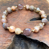 NEW LIMITED EDITION Nourishing the Soul : Peach and Grey Moonstone, Petrified Opalite Wood Bracelet