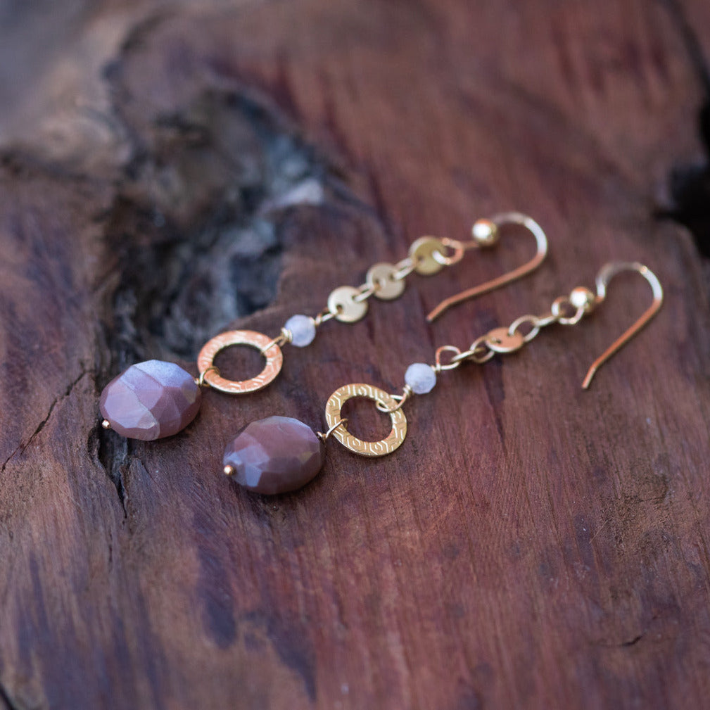 Nourishing the Soul: Peach and Rainbow Moonstone Gold Dangle Earrings