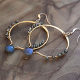 Awakened Light Labradorite earrings gold hoop with pyrite accents handmade gemstone jewelry