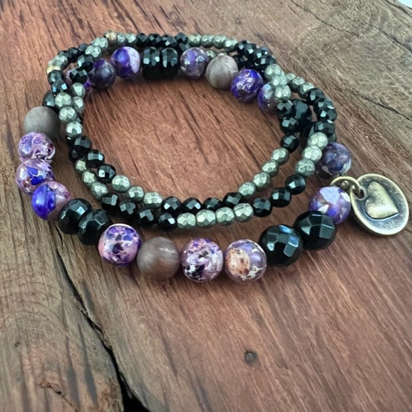 Healing Bracelet named: I am Empowered and Fearless: Purple Imperial Jasper, Onyx, Pyrite, Spinel, Opalite Trio