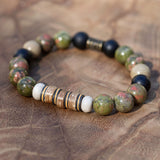 Men’s grounding bracelet with unakite, picture jasper, black stone, buri wood beads, and vintage vinyl spacers in earthy masculine tones
