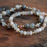 Peach Moonstone, Rainbow Moonstone, and Sunstone bracelet set laid beautifully on a wooden table, radiating inner peace, joy, and self-love.