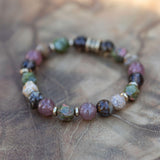 spiritual bracelet with Unakite ocean jasper smoky quartz strawberry quartz and fire opal bracelet with gold accents symbolizing grounding energy, physical healing  and inner fire.