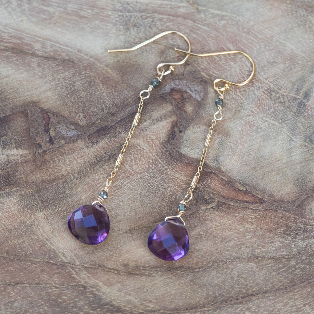 Beautiful Goddess: Amethyst and Pyrite Dangling Gold Earrings | Rei of Light Jewelry, image size:1020x1020