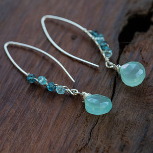 Blue Chalcedony and Aqua Blue Silver Earrings with Healing Properties for Women, displayed on a wooden surface.