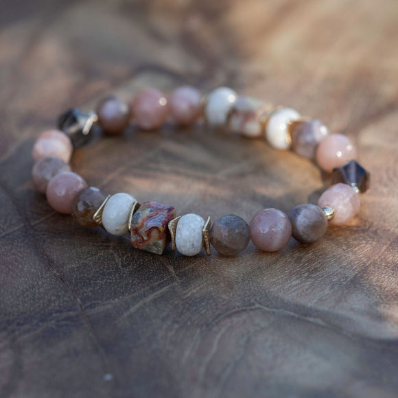 Grounded Radiance Bracelet with Crazy Lace Agate, Peach Moonstone