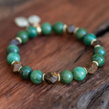 Heart and Soul bracelet featuring Bronzite, Jade, and Prehnite laid beautifully, showcasing healing properties.