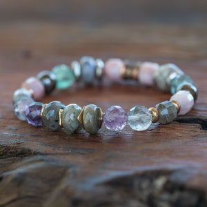 women's bracelet with labradorite, kunzite, hematite, rainbow fluorite