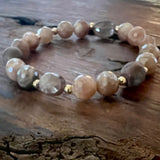  Peach and Grey Moonstone, Petrified Opalite Wood Bracelet