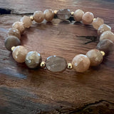 Peach and Grey Moonstone, Petrified Opalite Wood Bracelet