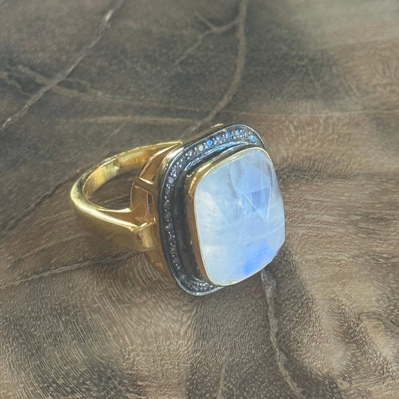 rainbow moonstone and diamond gold ring 