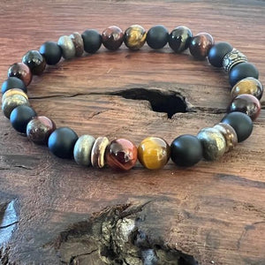 men's stretch bracelet with tiger eye, pyrite and wood