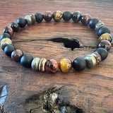 men's stretch bracelet with tiger eye, pyrite and wood