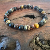 mens stretch bracelet with tiger eye, pyrite and wood