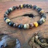 mens stretch bracelet with tiger eye, pyrite and wood