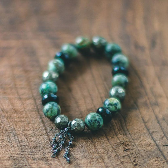 photo of African Turquoise, Onyx, Pyrite, Opal Stacking Zen Bracelet