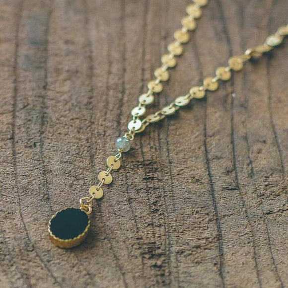 photo of Black Onyx and Labradorite Drop Gold Necklace