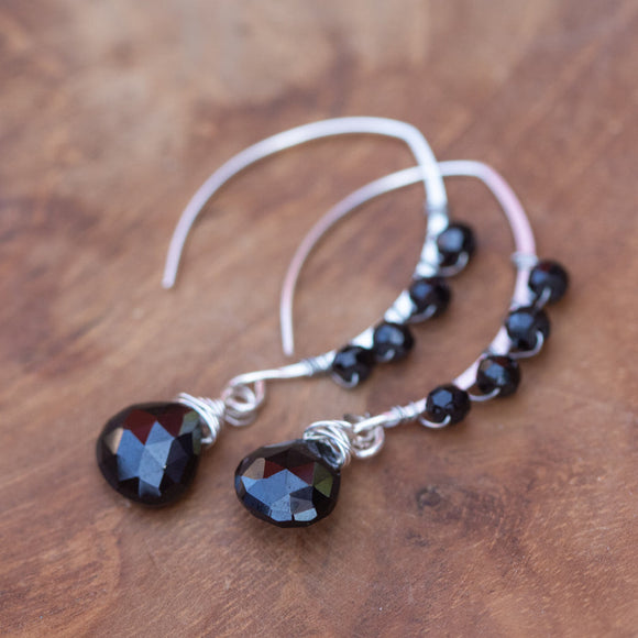 Elevate Your Energy: Black Onyx and Black Spinel V-Style Silver Earrings