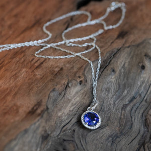 Blue Sapphire and Diamond Necklace with Sterling Silver Chain