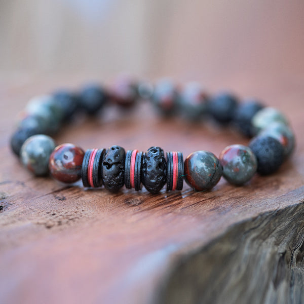 The Fire Within: Bloodstone and Black Lava Rock Men's Beaded