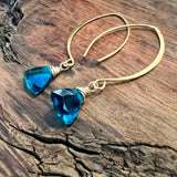 peacock blue trillion cut gold earrings